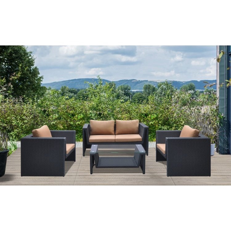 Oahu 4 Piece Outdoor Wicker Patio Set With Brown Fabric Cushions Sadler S Home Furnishings Outdoor Conversation Sets Outdoor Chat Sets