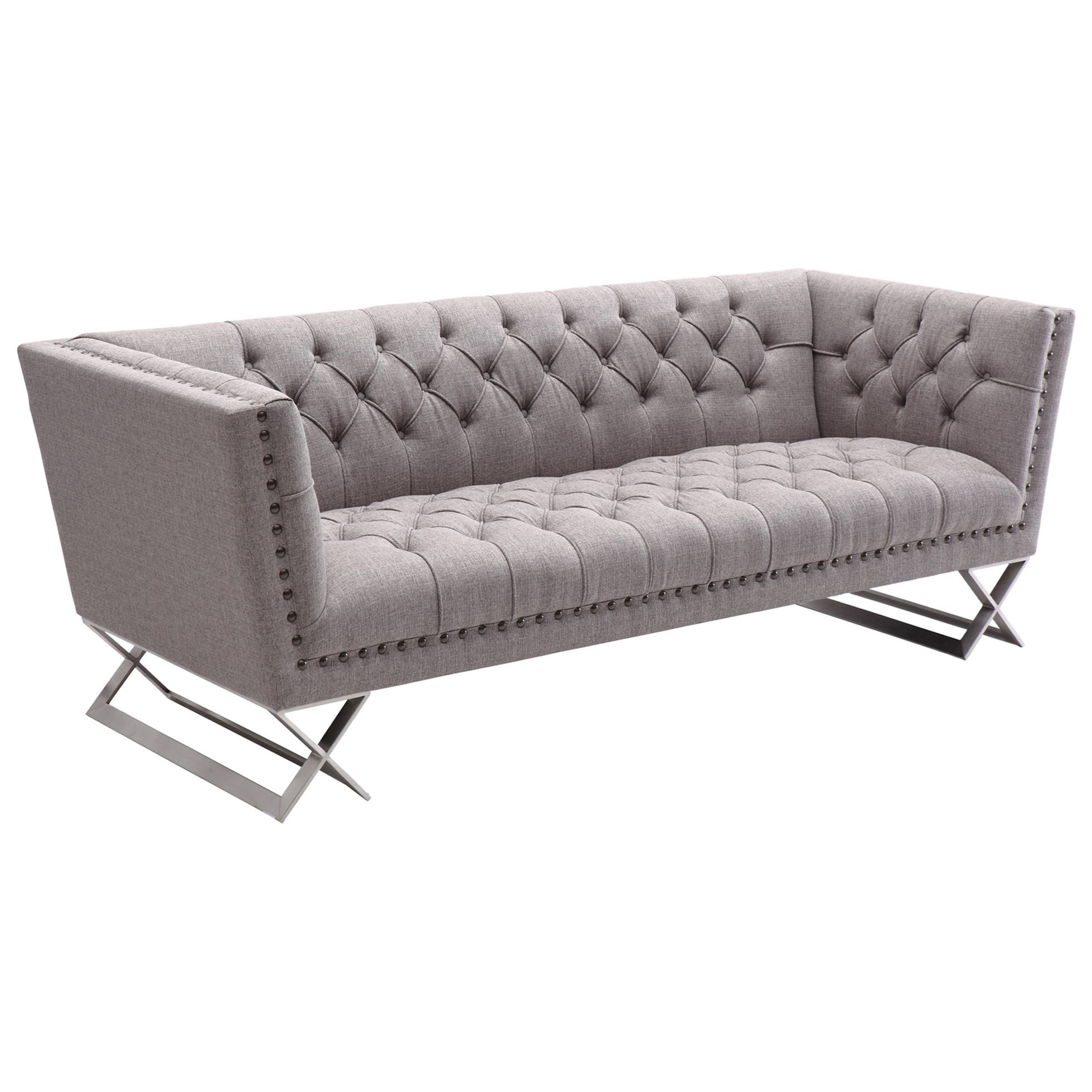 Armen Living Odyssey Lcod3gr Contemporary Grey Tweed Tufted Sofa With Nailheads And Stainless Steel Legs Becker Furniture Sofas