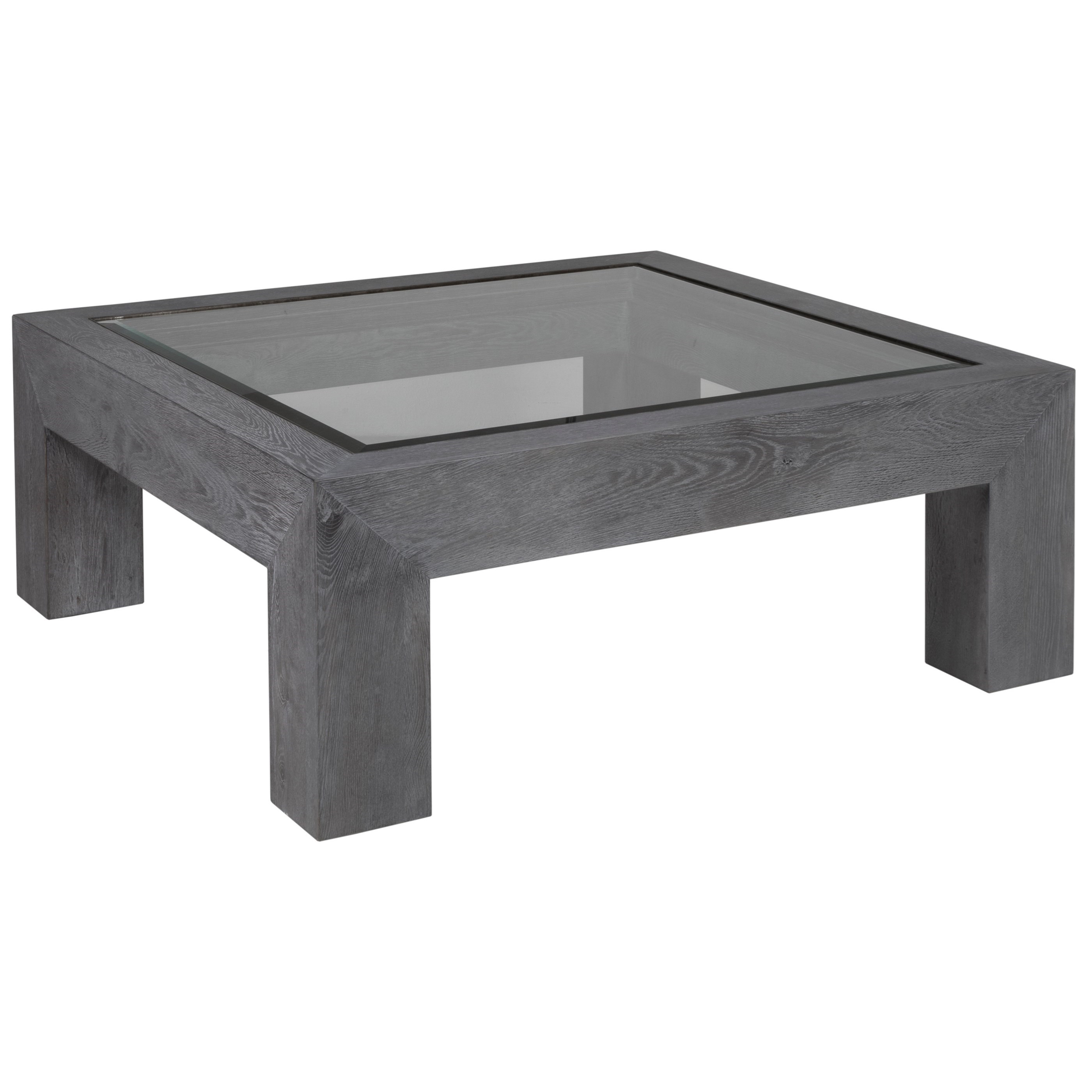 Contemporary Square Gray Wood Cocktail Table with Glass Top