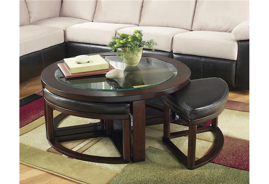 Marion Glass Round Cocktail Table W 4 Backless Stools Belfort Furniture Cocktail Coffee Tables