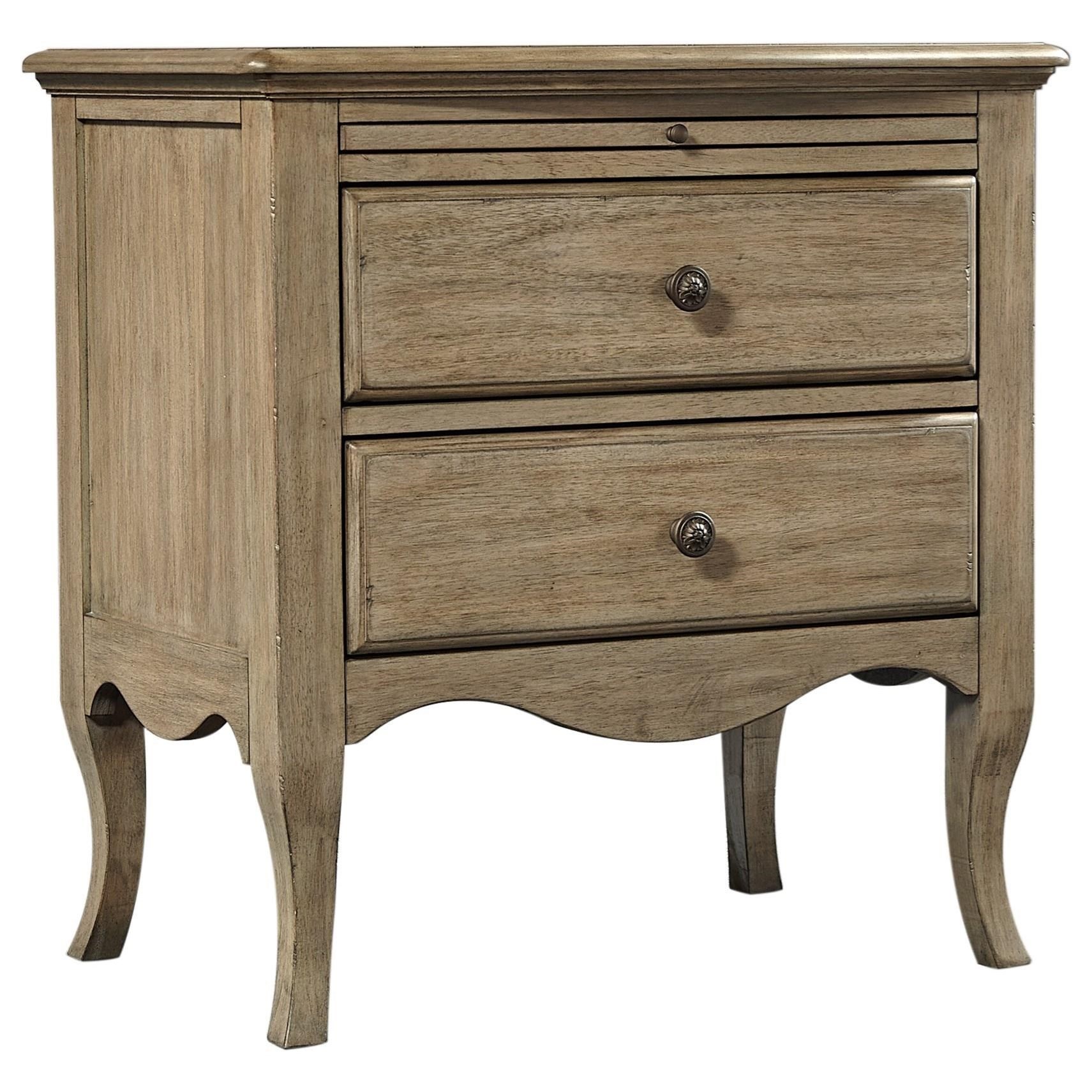 Aspenhome Provence Casual 2 Drawer Nightstand With Felt Lined Top Drawer Pull Out Top Shelf And Ac Usb Outlets Walker S Furniture Nightstands