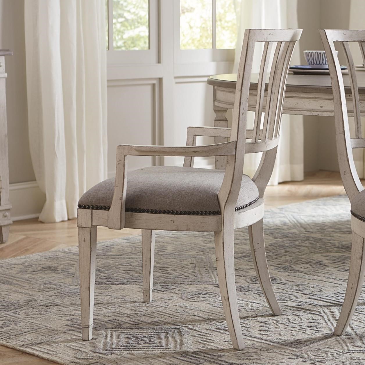 Bassett Bella 4572 2450 Cottage Upholstered Dining Arm Chair With Weathered Finish Becker Furniture Dining Arm Chairs
