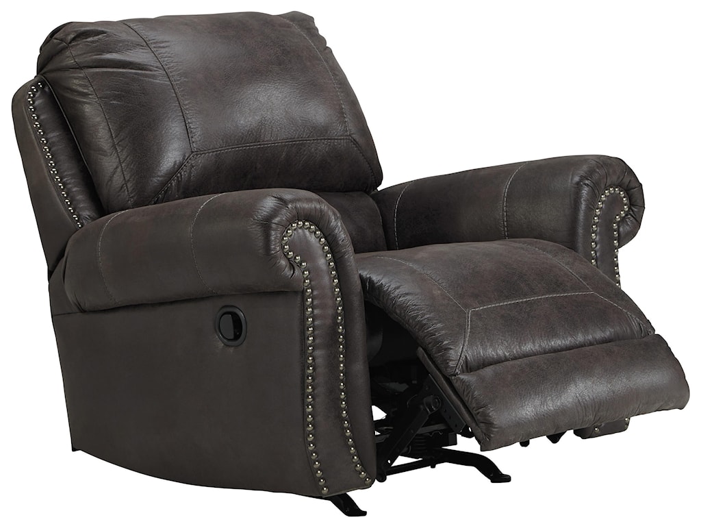 Benchcraft By Ashley Breville Faux Leather Rocker Recliner With Rolled Arms And Nailhead Trim Royal Furniture Recliners