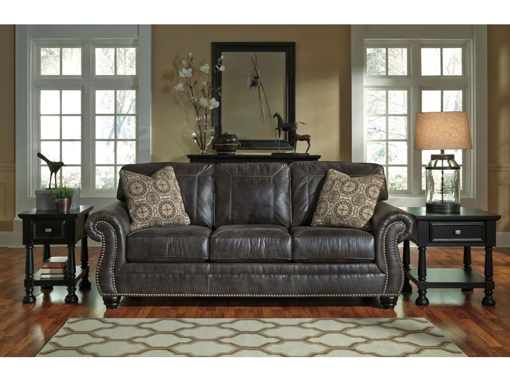 Breville Faux Leather Queen Sofa Sleeper With Rolled Arms And Nailhead Trim By Benchcraft At Household Furniture