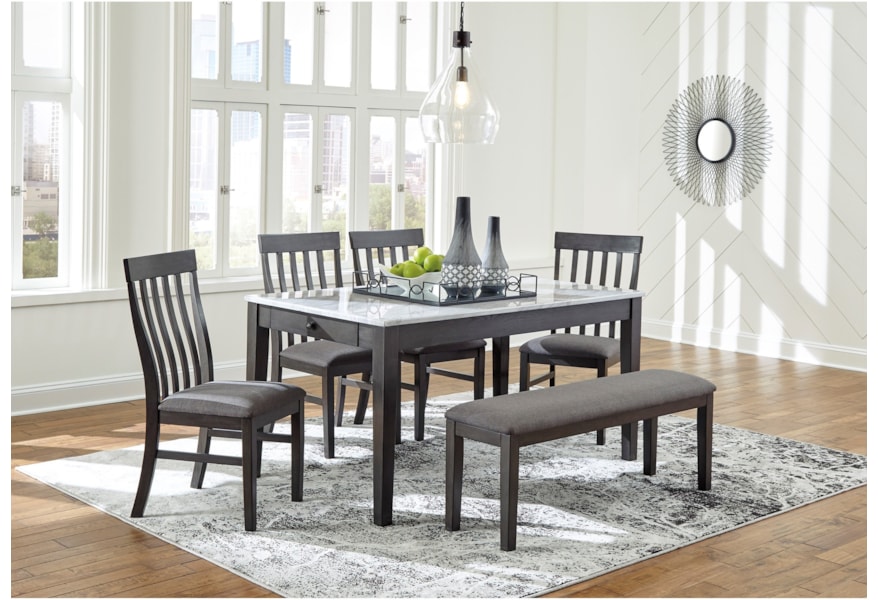 Benchcraft Luvoni 6 Piece Dining Set With Bench And Faux Marble Top Dining Table Virginia Furniture Market Table Chair Set With Bench