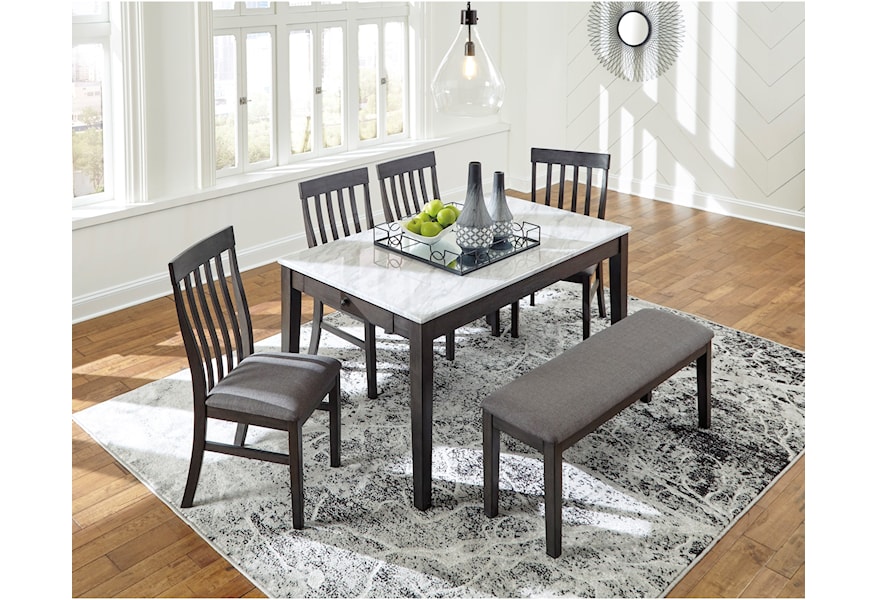 Benchcraft Luvoni D464 25 4x01 00 6 Piece Dining Set With Bench And Faux Marble Top Dining Table Northeast Factory Direct Table Chair Set With Bench
