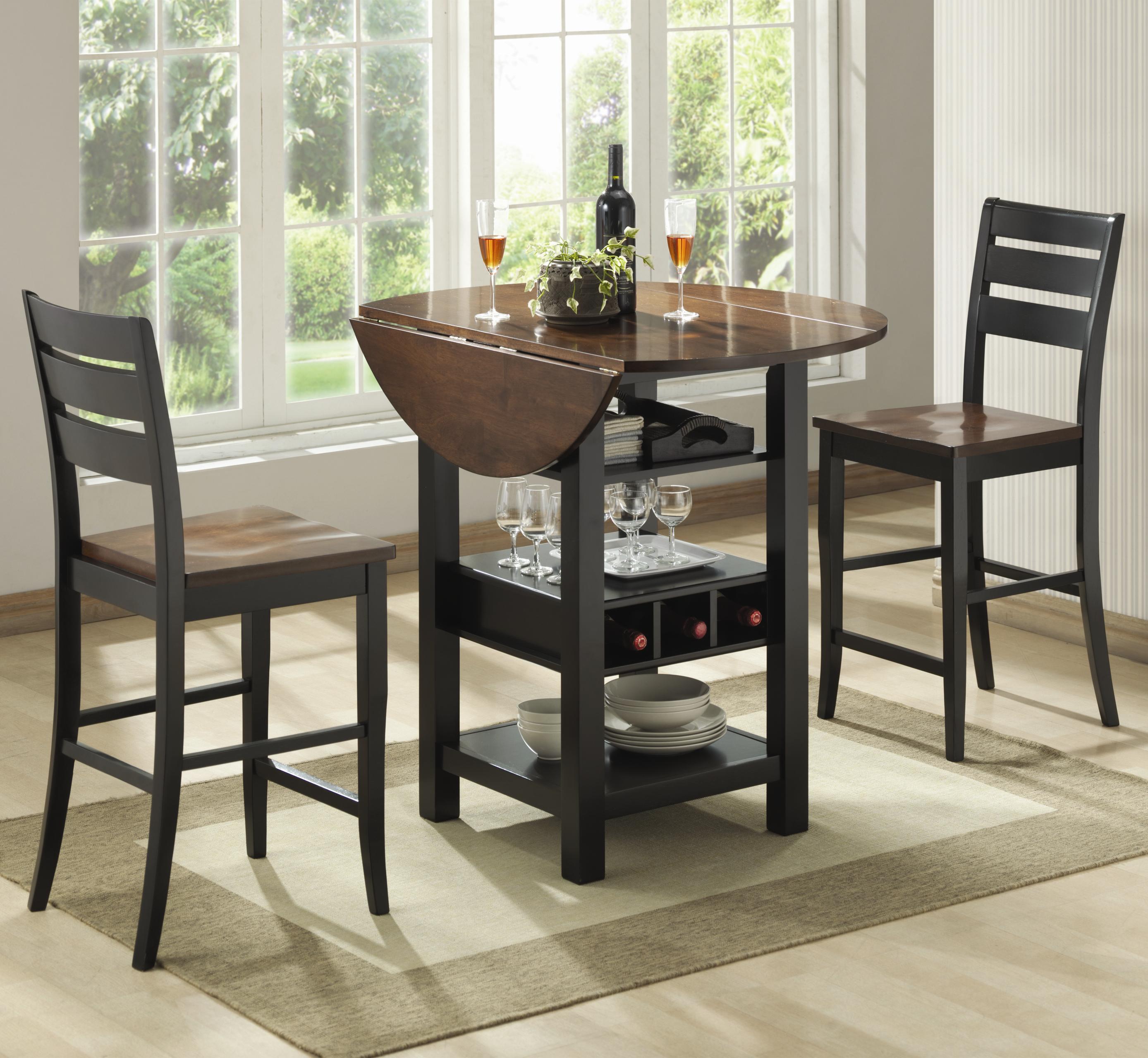 3 Piece Dinette Set Bistro Table and 2 Chairs in Black Finish with Wine Rack