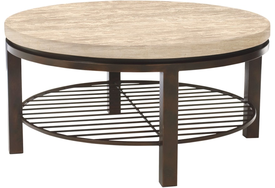 Bernhardt Tempo Round Travertine Stone Top Cocktail Table Belfort Furniture Cocktail Coffee Tables