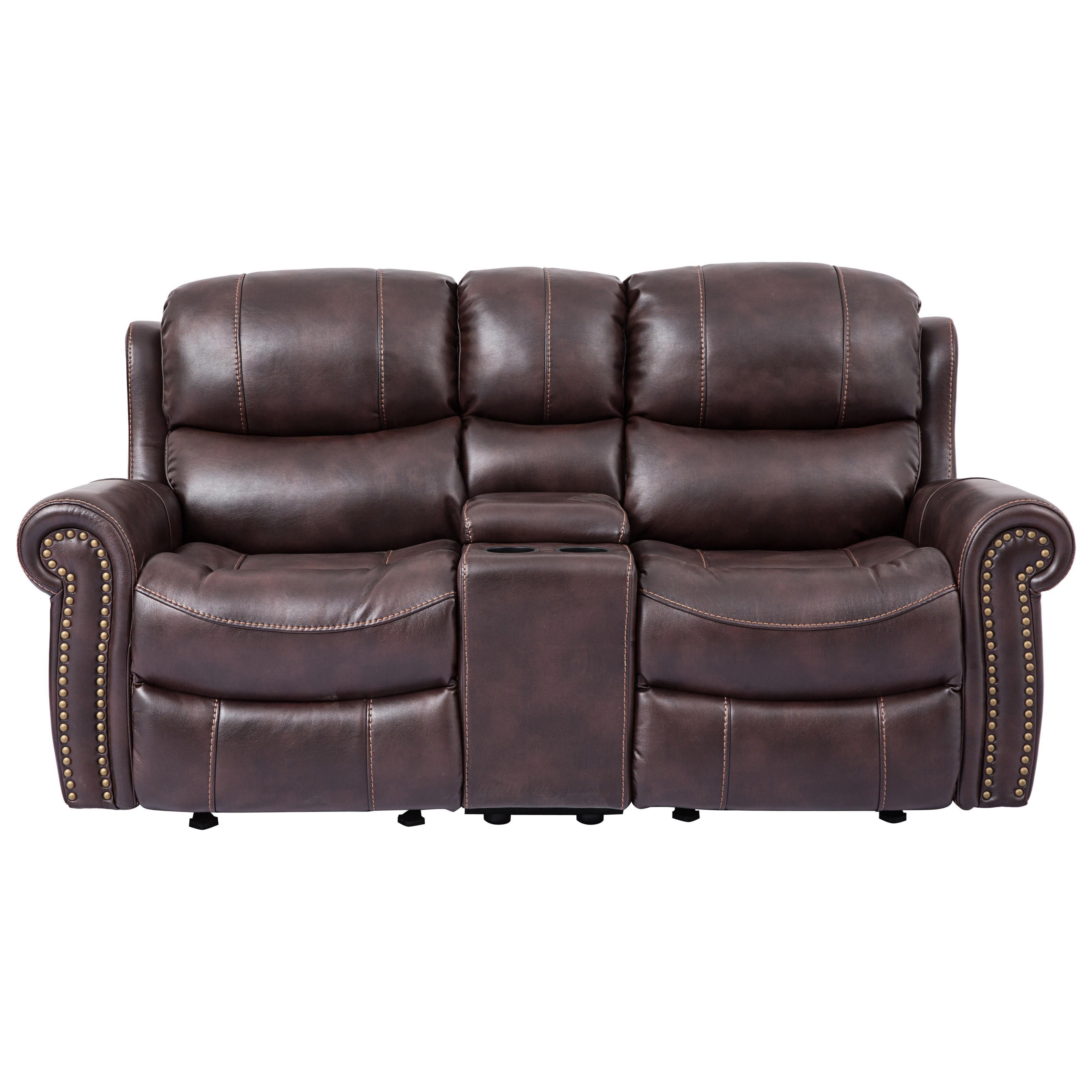 Cheers Piedmont Leather Reclining Loveseat With Rolled Arms And Console Royal Furniture Reclining Love Seats