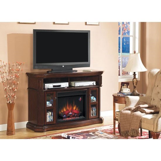 ClassicFlame Aberdeen 23MM1297-C259+23II042FGL Aberdeen Electric Fireplace  Media Cabinet with Two Glass-Front Doors u0026 Open Component Compartment |  Factory Direct Furniture | TV Stands
