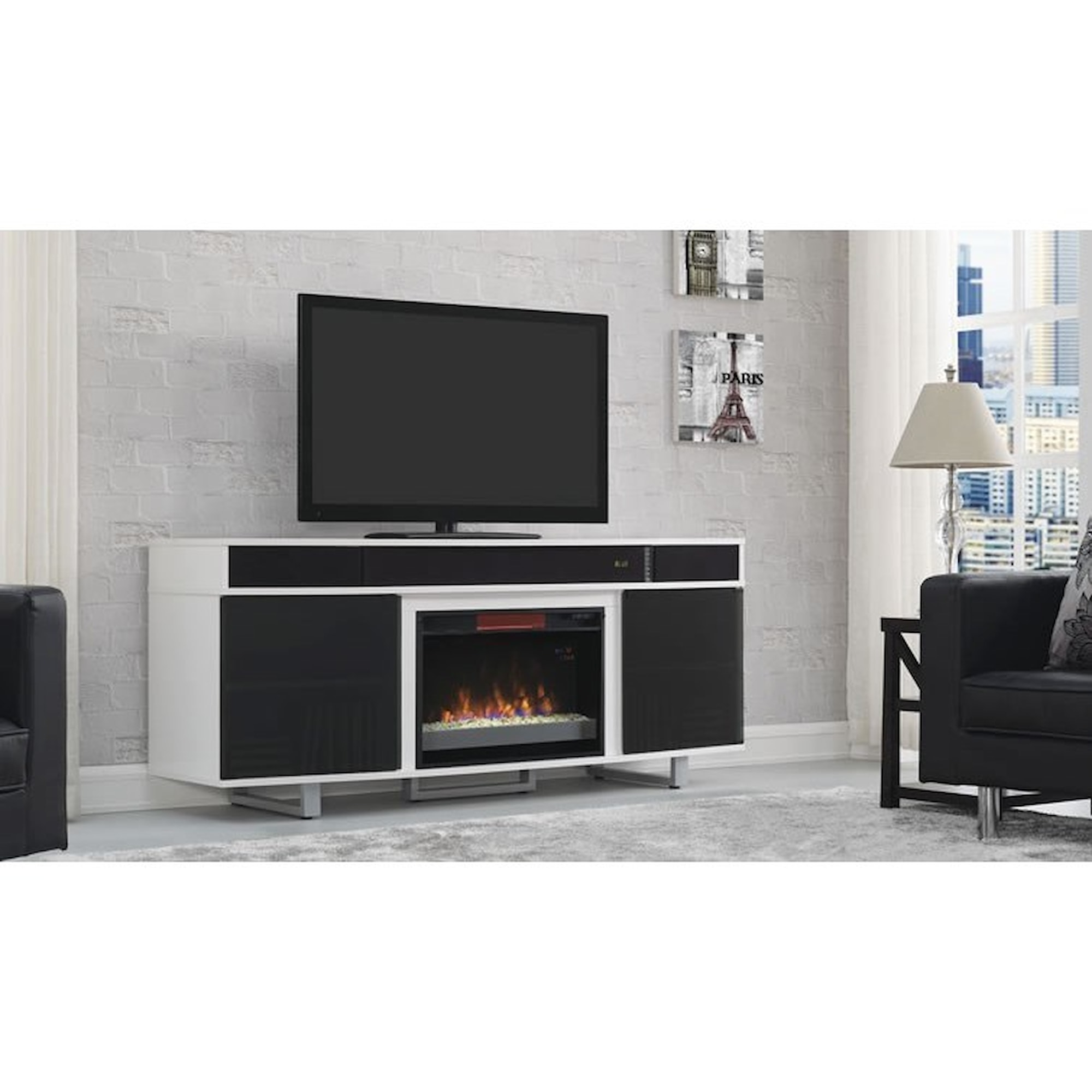 ClassicFlame Enterprise 26MMS9872-NT01+26II042FGL 72 Fireplace Media  Mantel with Bluetooth Sound Bar | Westrich Furniture u0026 Appliances | TV  Stands
