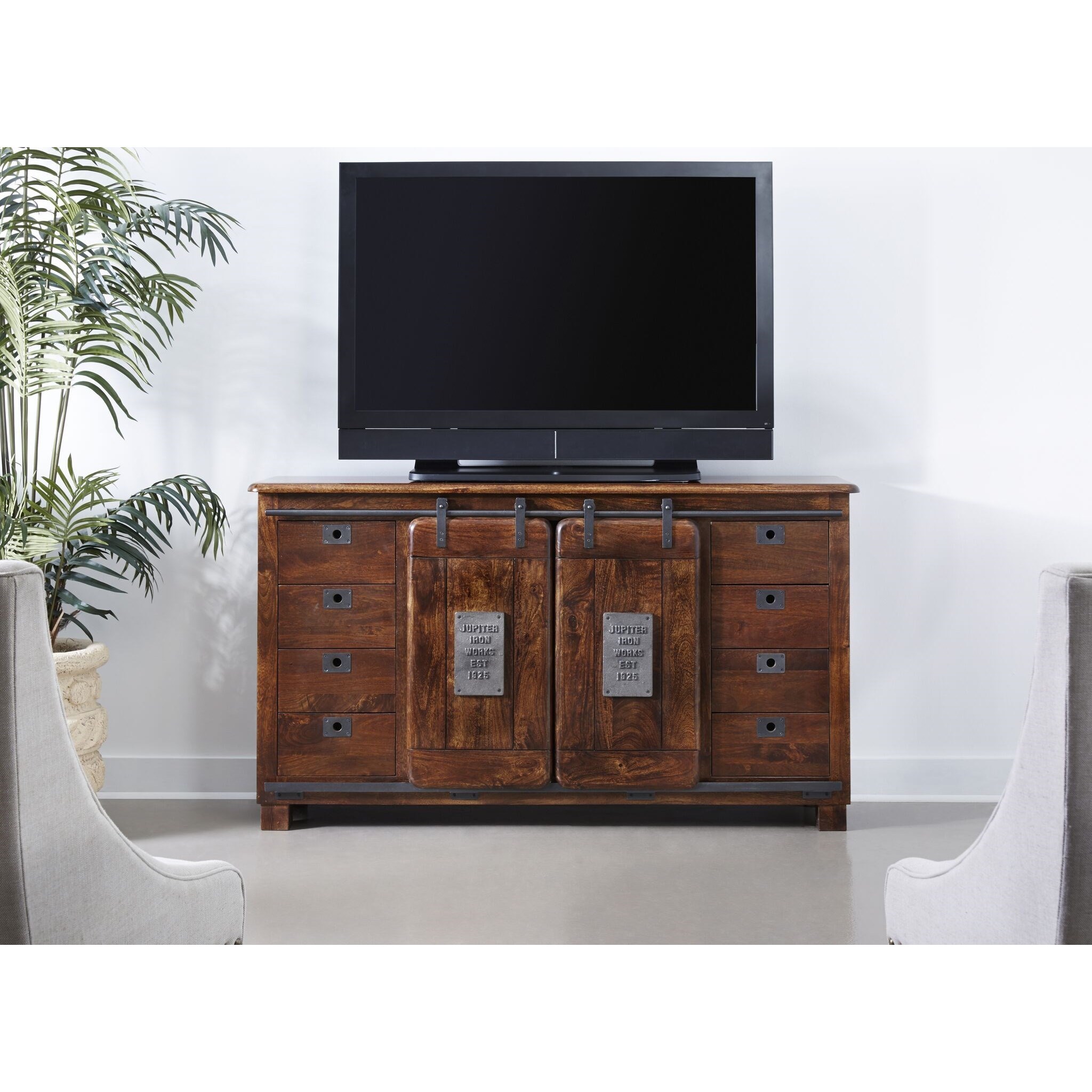 Coast To Coast Imports Coast To Coast Accents Industrial 8 Drawer Media Credenza With Two Sliding Doors Prime Brothers Furniture Tv Stands