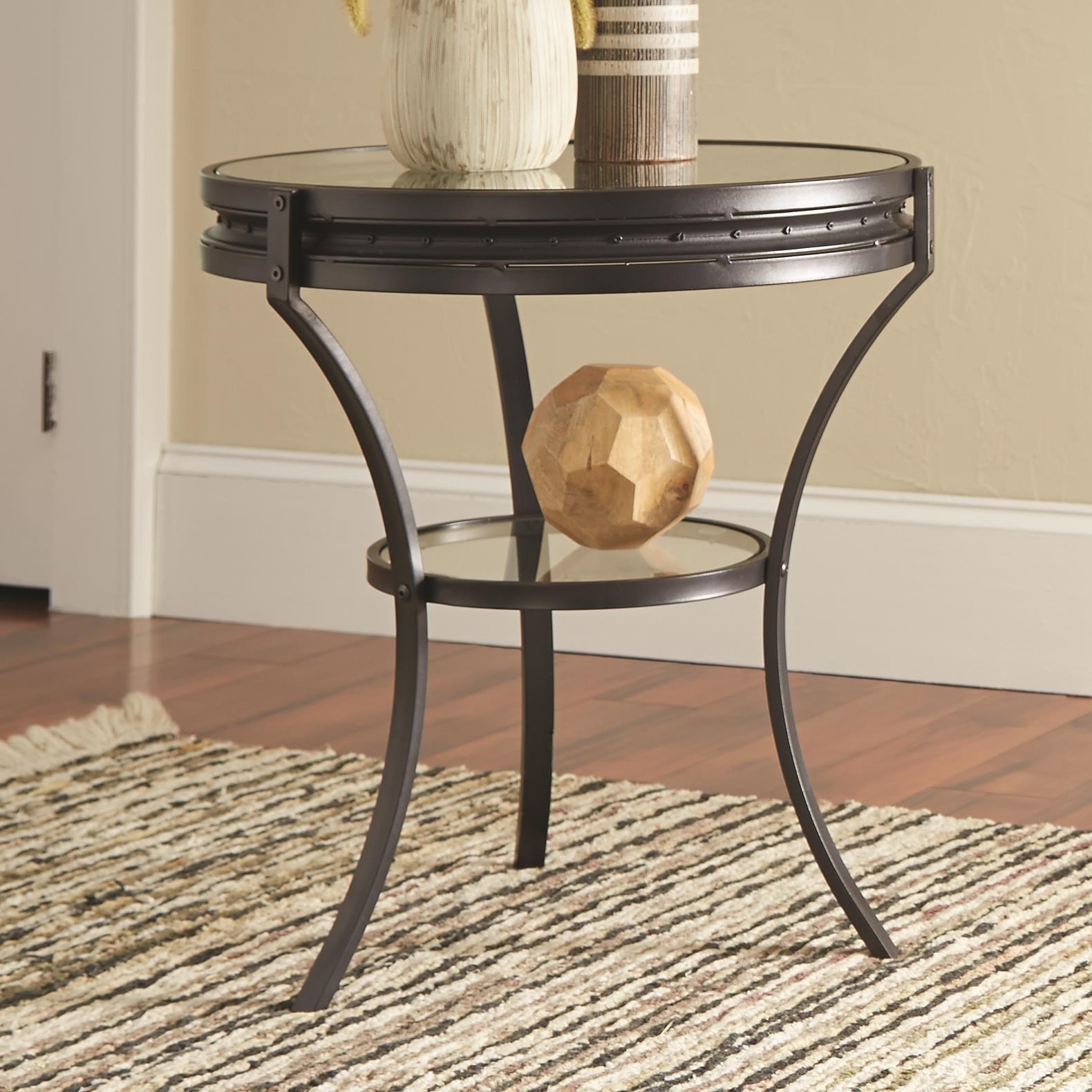 Coaster 70521 705217 Round Industrial End Table With Glass Top Lapeer Furniture Mattress Center End Tables This industrial chic end table boasts a pine veneers plank board top in a distressed antique tobacco finish. 70521 end table