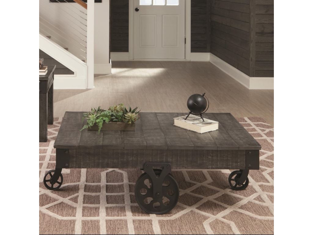 Coaster 72057 Rustic Coffee Table With Metal Accent Wheels Coaster 72057 Rustic Coffee Table With Metal Accent Wheels