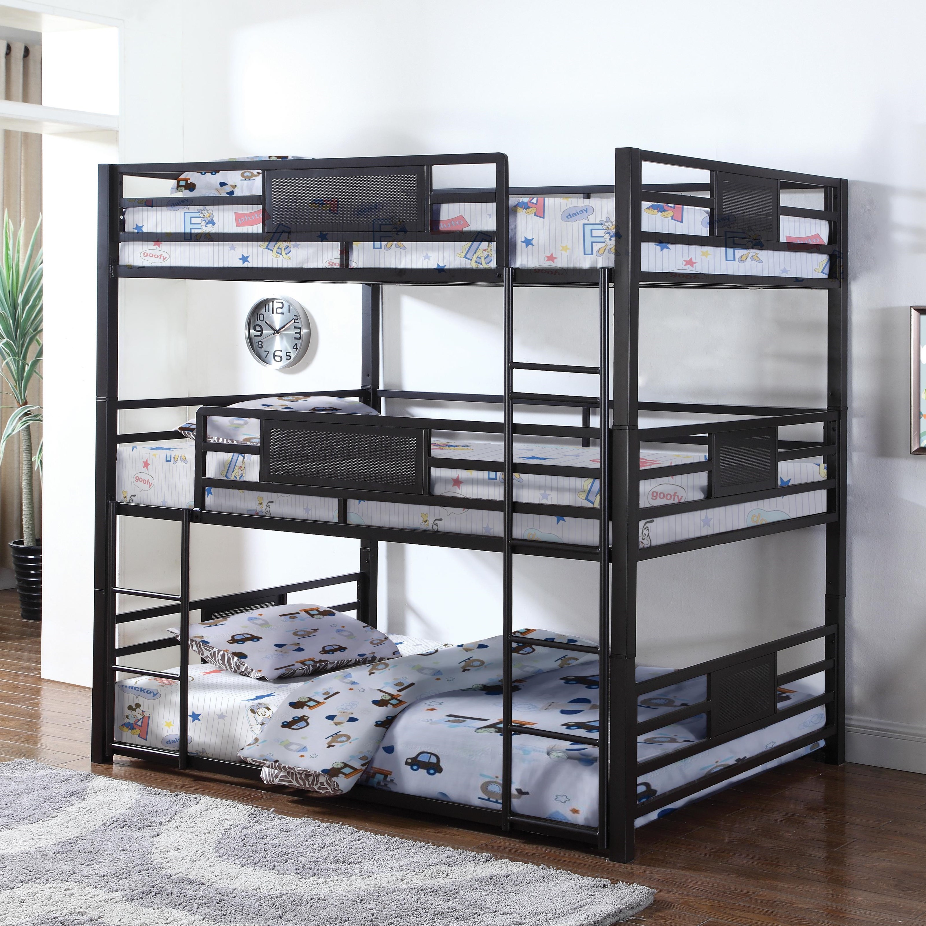 triple bunk bed with shelves