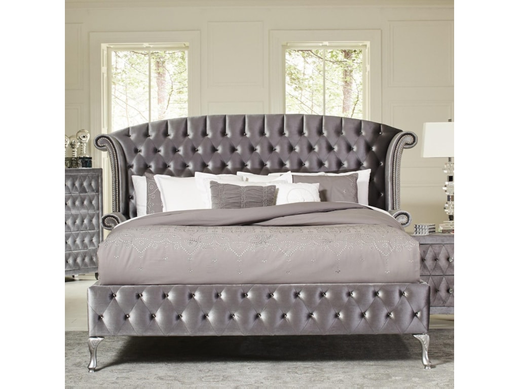 coaster deanna upholstered king bed with button tufting and nailhead