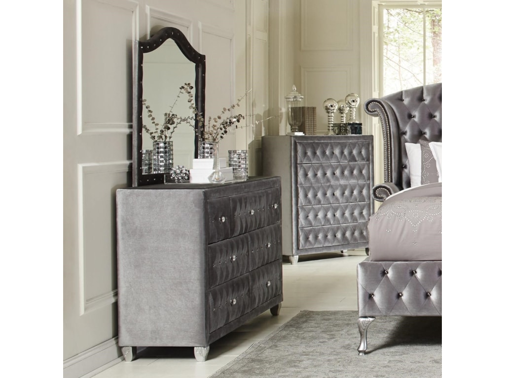 Coaster Deanna Upholstered Dresser And Mirror Set With Faceted