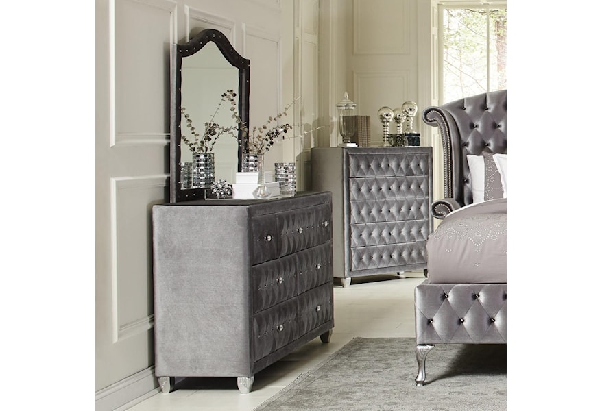 Coaster Deanna Upholstered Dresser And Mirror Set With Faceted
