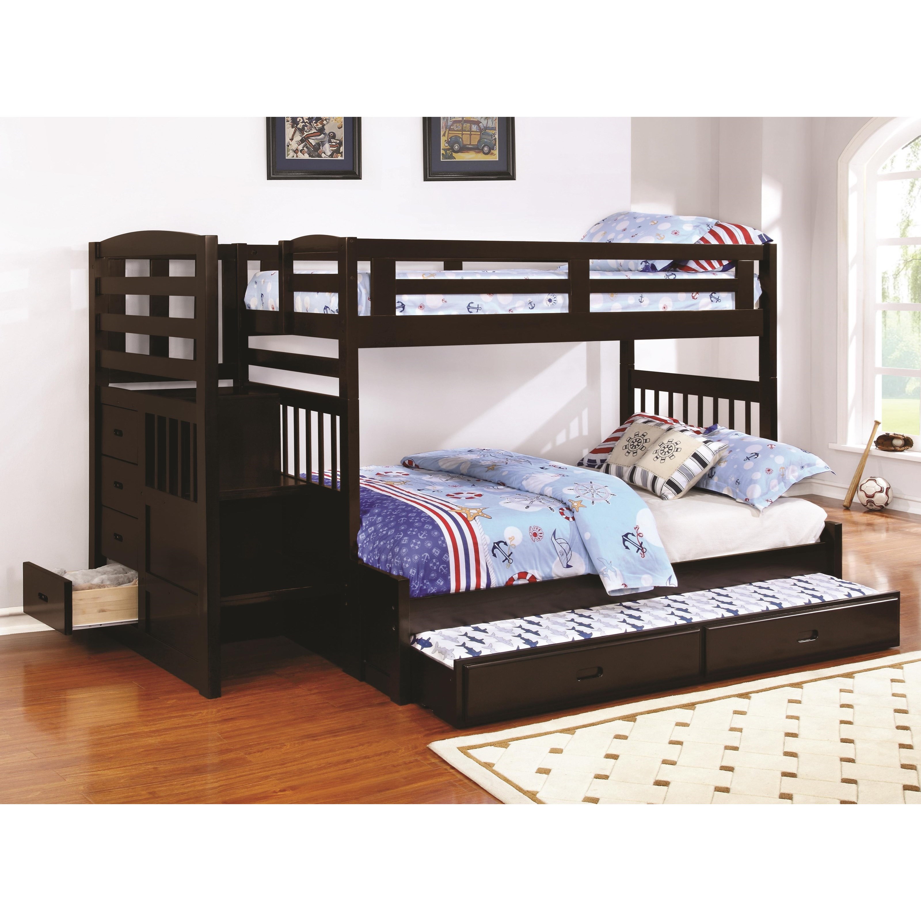 twin over double bunk bed with trundle