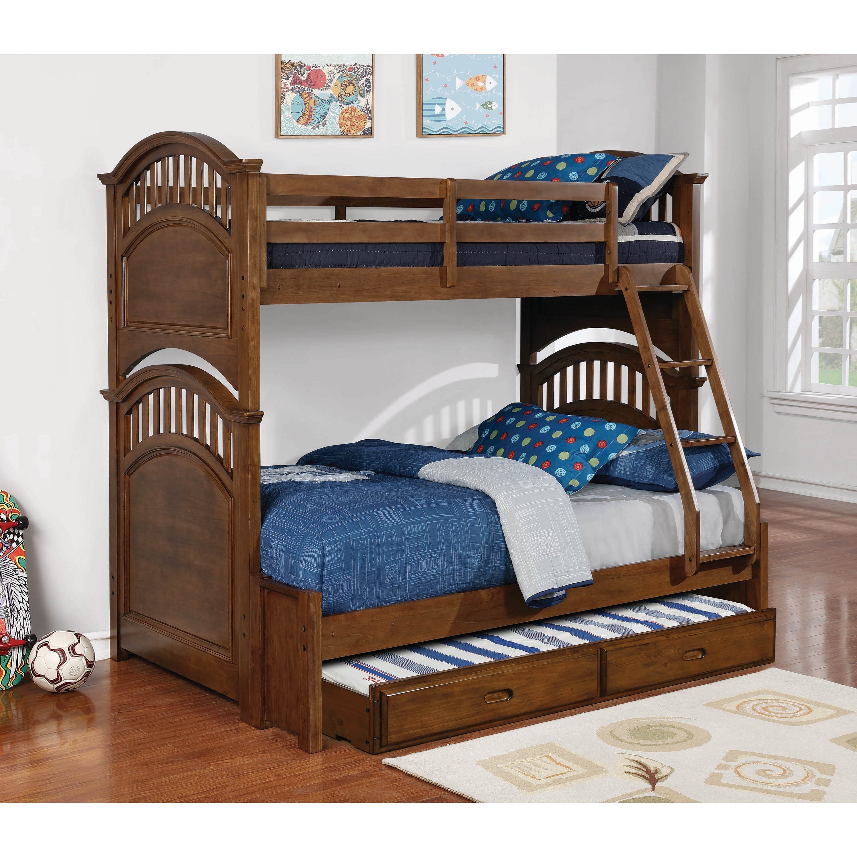 wooden bunk beds with mattresses