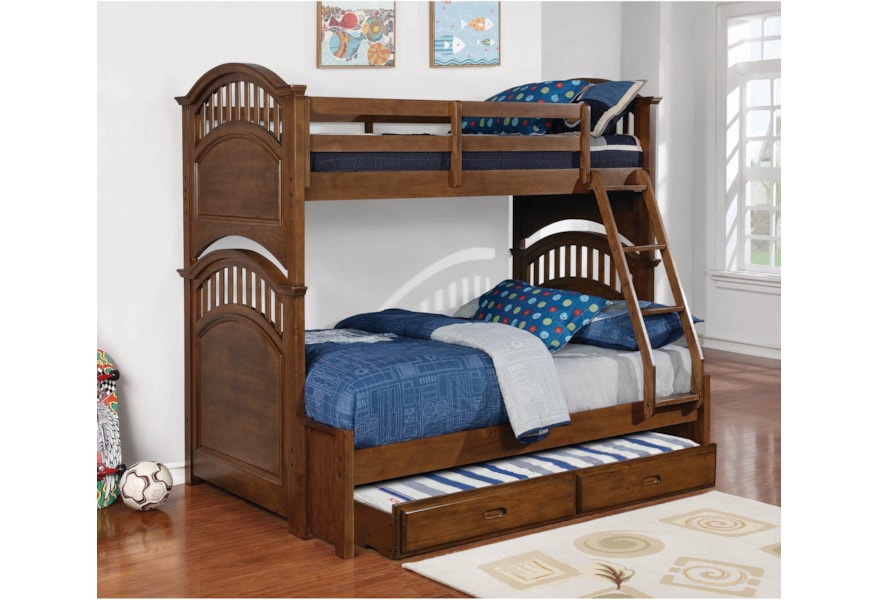 Coaster Halsted Casual Wooden Twin Over Full Bunk Bed W Storage Trundle In Walnut Finish Lar Furniture Mattress Center Beds Twin Over Full Bunk Bed