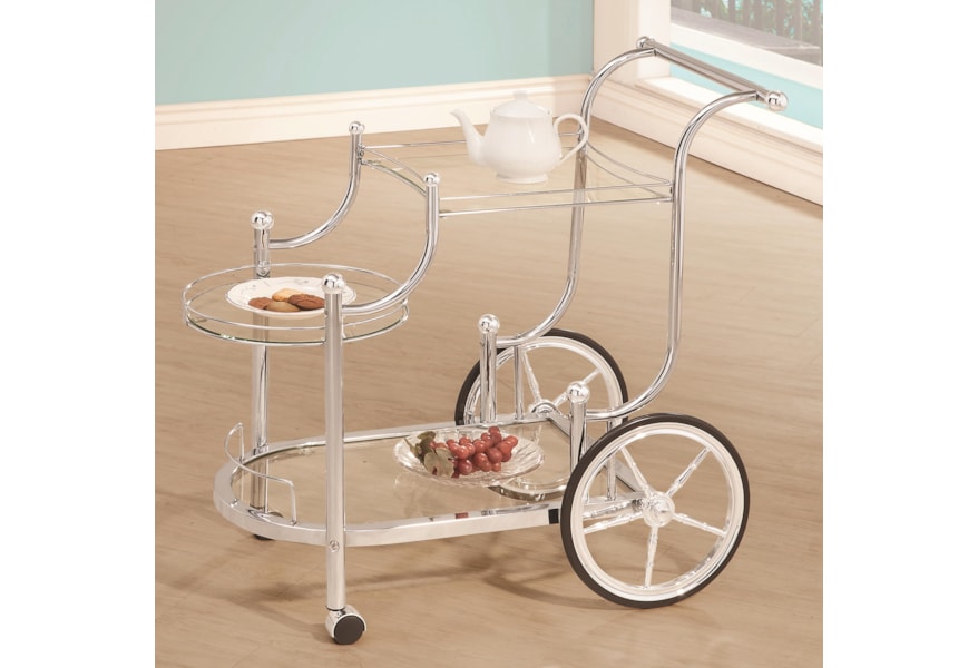 Coaster Kitchen Carts Traditional Wheeled Serving Cart With Chrome Finials Rife S Home Furniture Bar Serving Carts