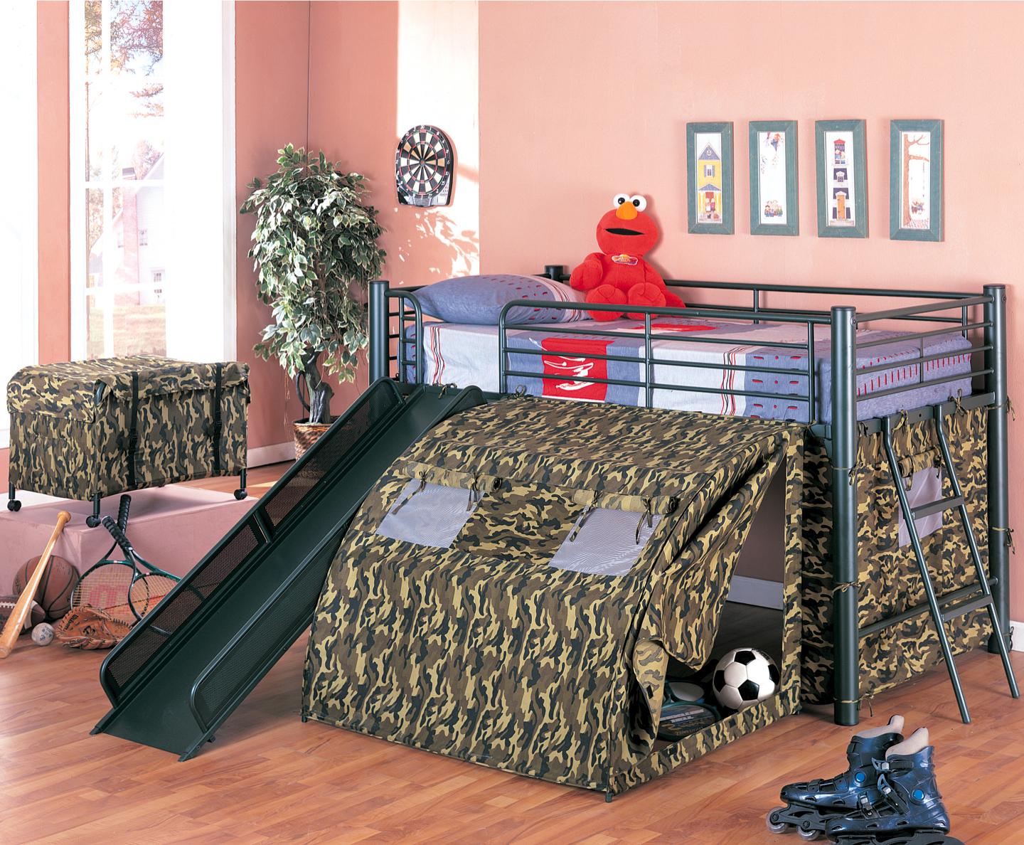 a bunk bed with a slide