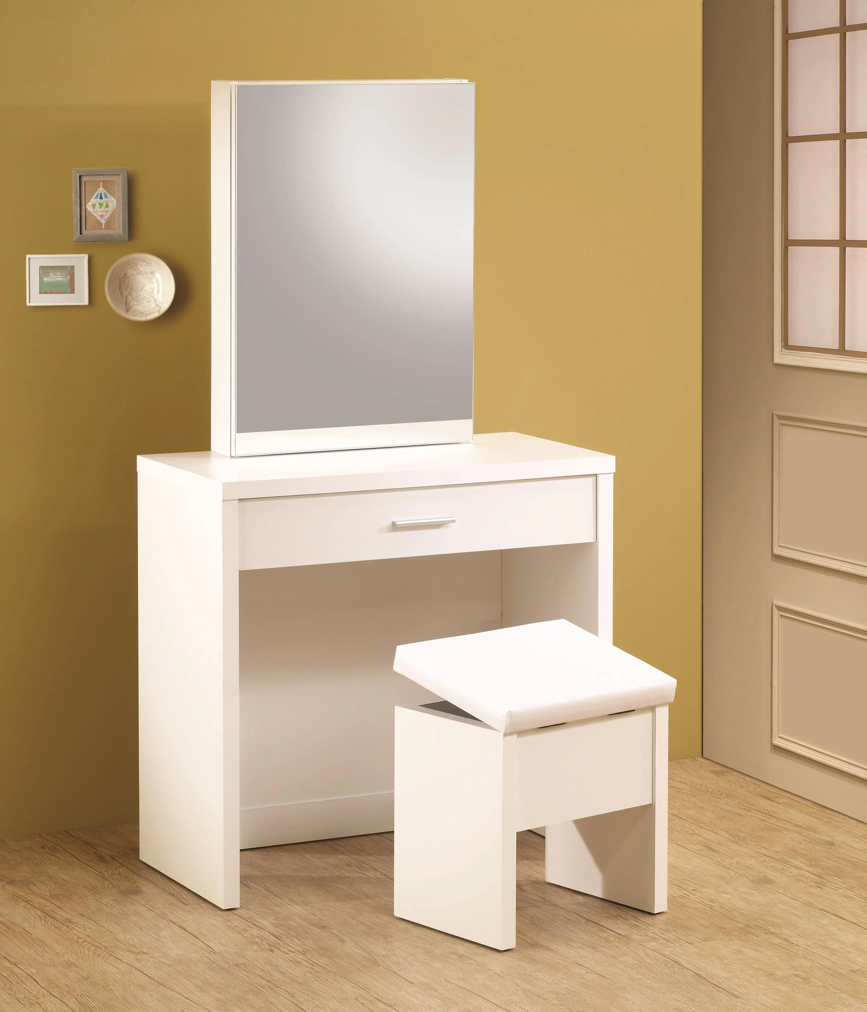 Coaster Vanities 300290 White Vanity with Hidden Mirror Storage and  Lift-Top Stool, Rife's Home Furniture