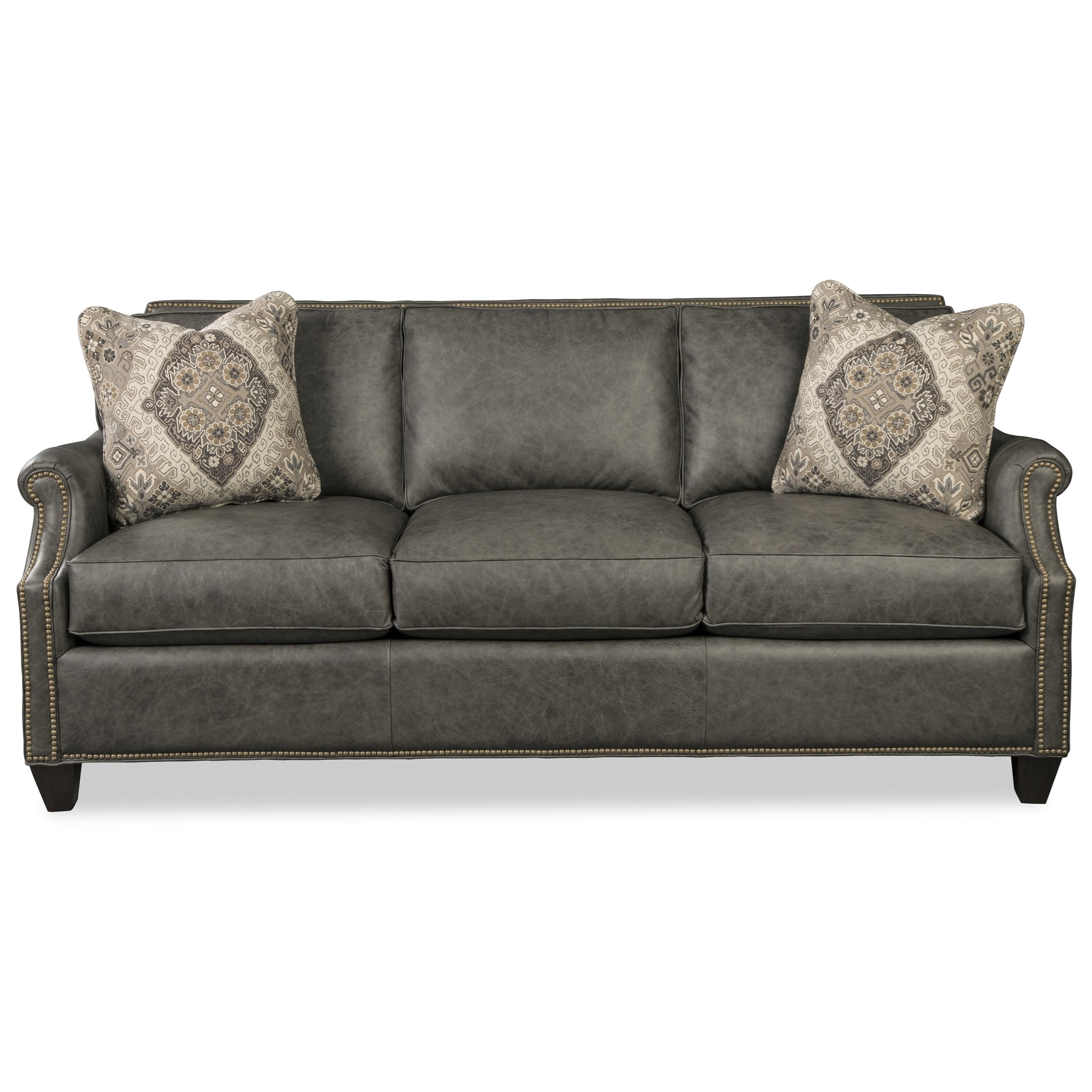 Transitional Leather Sofa with Clipped Corners, Nailheads, Pillows