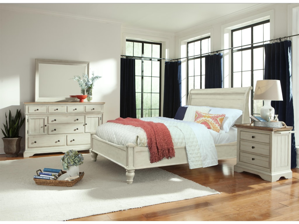 Cresent Fine Furniture CottageKing Antiqued White Storage Sleigh Bed