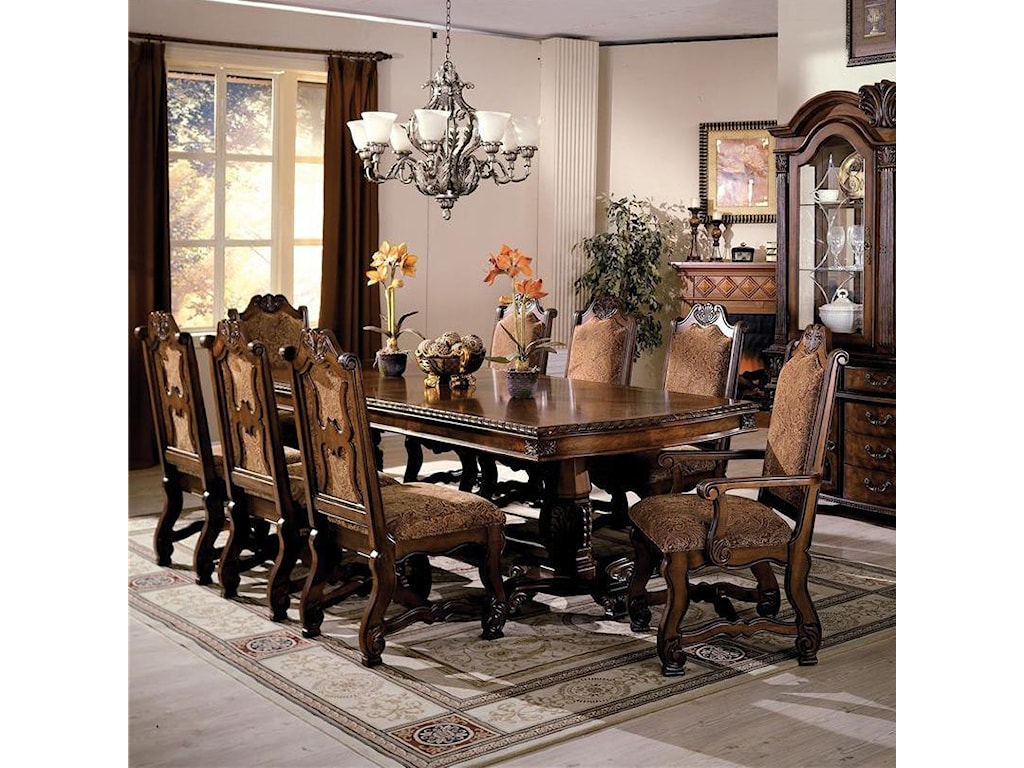 Crown Mark Neo Renaissance Double Pedestal Dining Table And Chairs With Traditional Upholstered Seats Wayside Furniture Dining 7 Or More Piece Sets