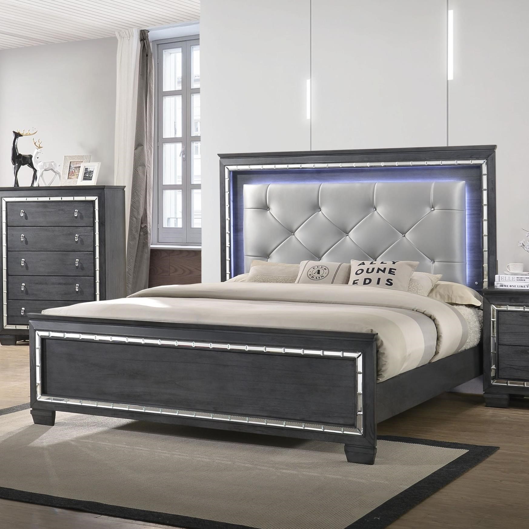Crown Mark Perina King Bed with Upholstered LED Headboard | Casa 
