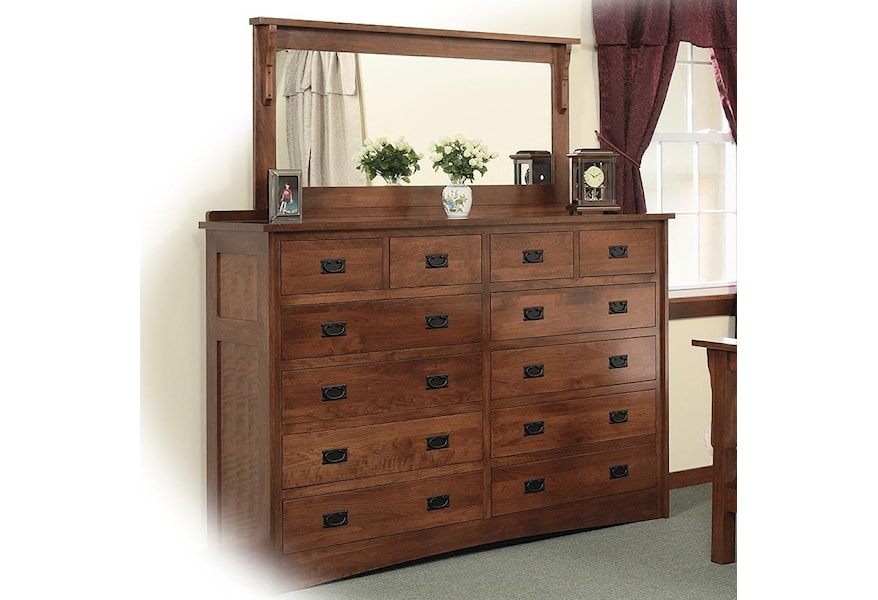 Daniel S Amish Mission 12 Drawer Solid Wood Double Dresser With 58 X 28 Landscape Mirror Belfort Furniture Dresser Mirror Sets