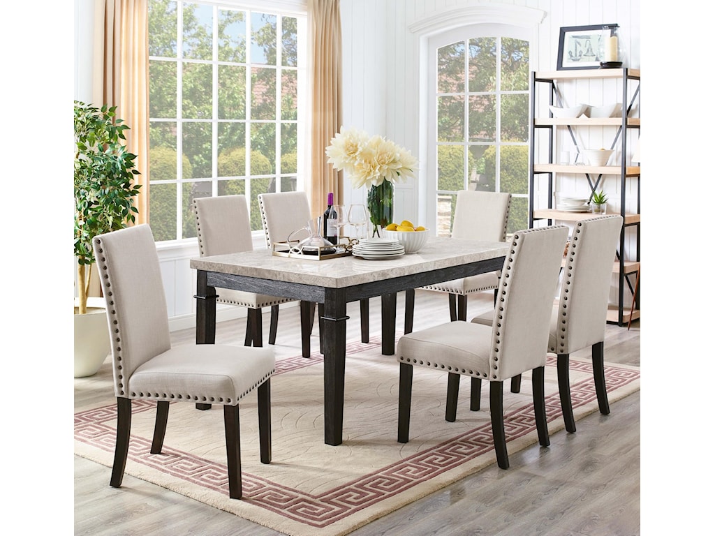 Elements Greystone 7 Piece Dining Set With 6 Upholstered Side Chairs Royal Furniture Dining 7 Or More Piece Sets
