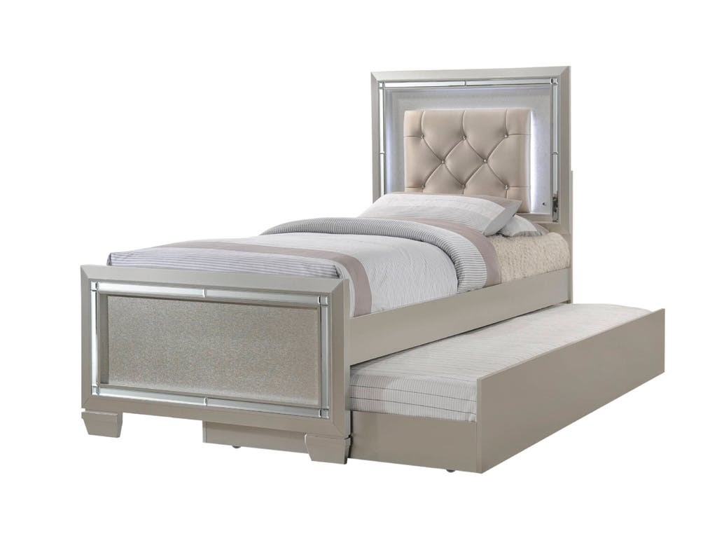 Elements International Platinum Twin Upholstered Bed With Mood Backlighting And Trundle Lindy S Furniture Company Panel Beds