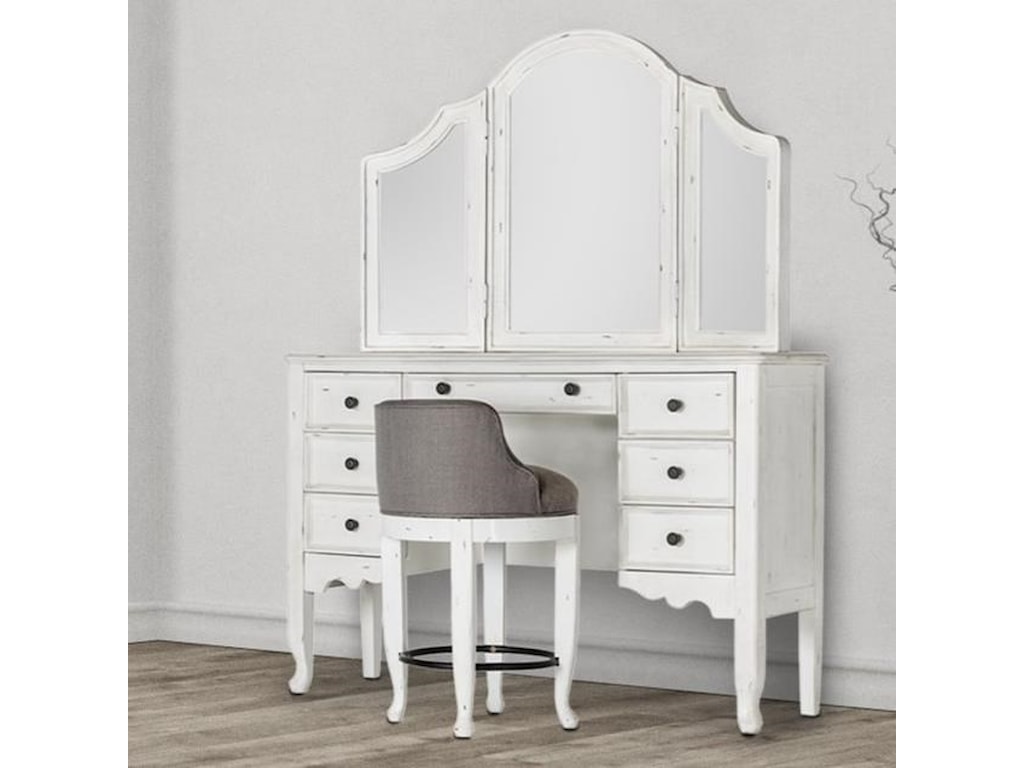 Emerald Bordeaux Cottage Antique White Vanity Set With Trifold