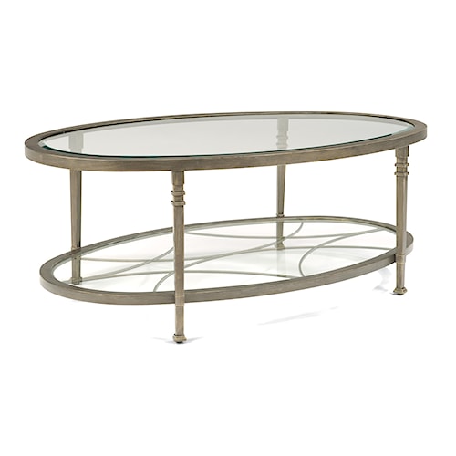 Flexsteel Atrium Transitional Oval Cocktail Table With Glass Flexsteel Atrium Transitional Oval Cocktail Table with Glass Shelves and Decorative Fretwork - Flexsteel Atrium Transitional Oval Cocktail Table With Glass