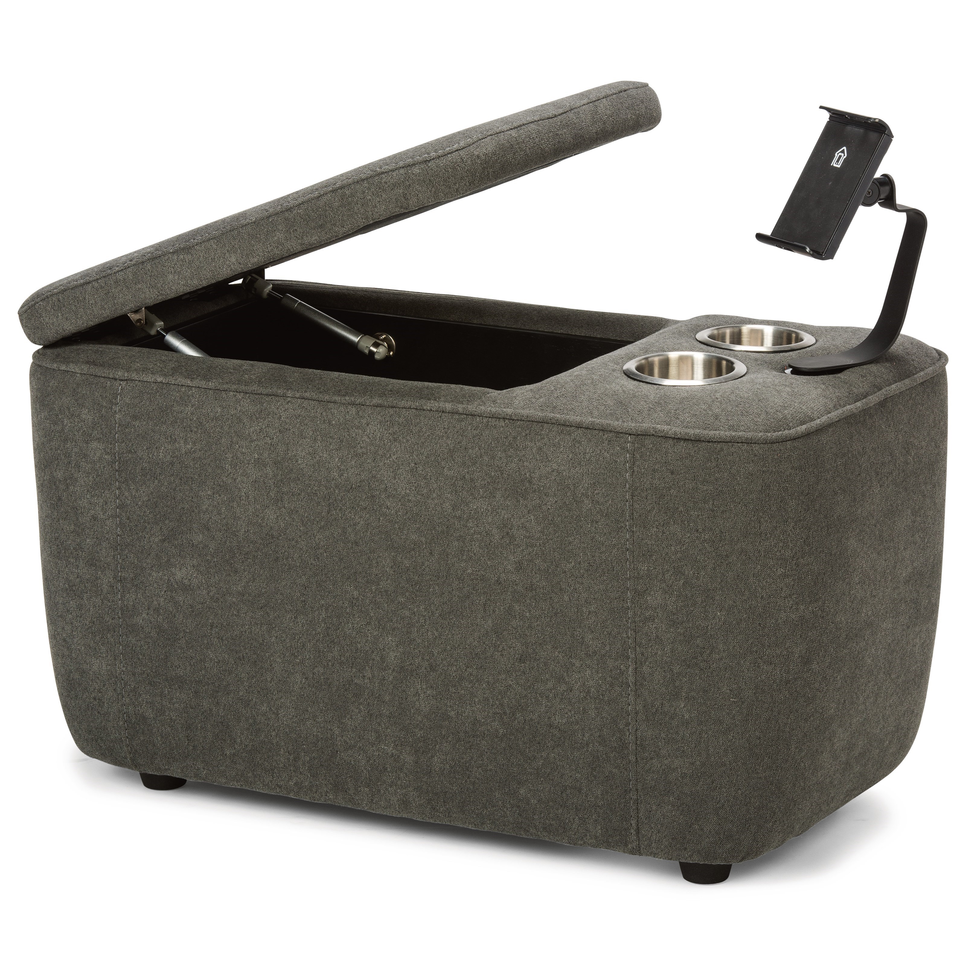 Flexsteel Latitudes Status Gaming Storage Console With Cup Holders Phone Tablet Arm Zak S Home Ottomans