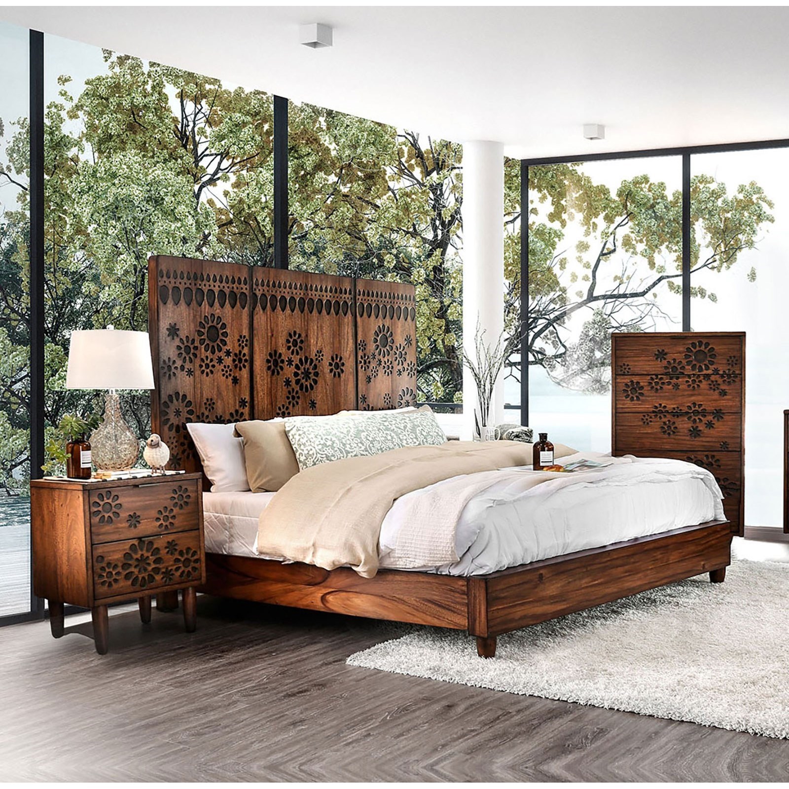 Furniture Of America Foa Amarantha Cm7362ck Bed Transitional California King Panel Bed With Dotted Burned Wood Headboard Del Sol Furniture Panel Beds