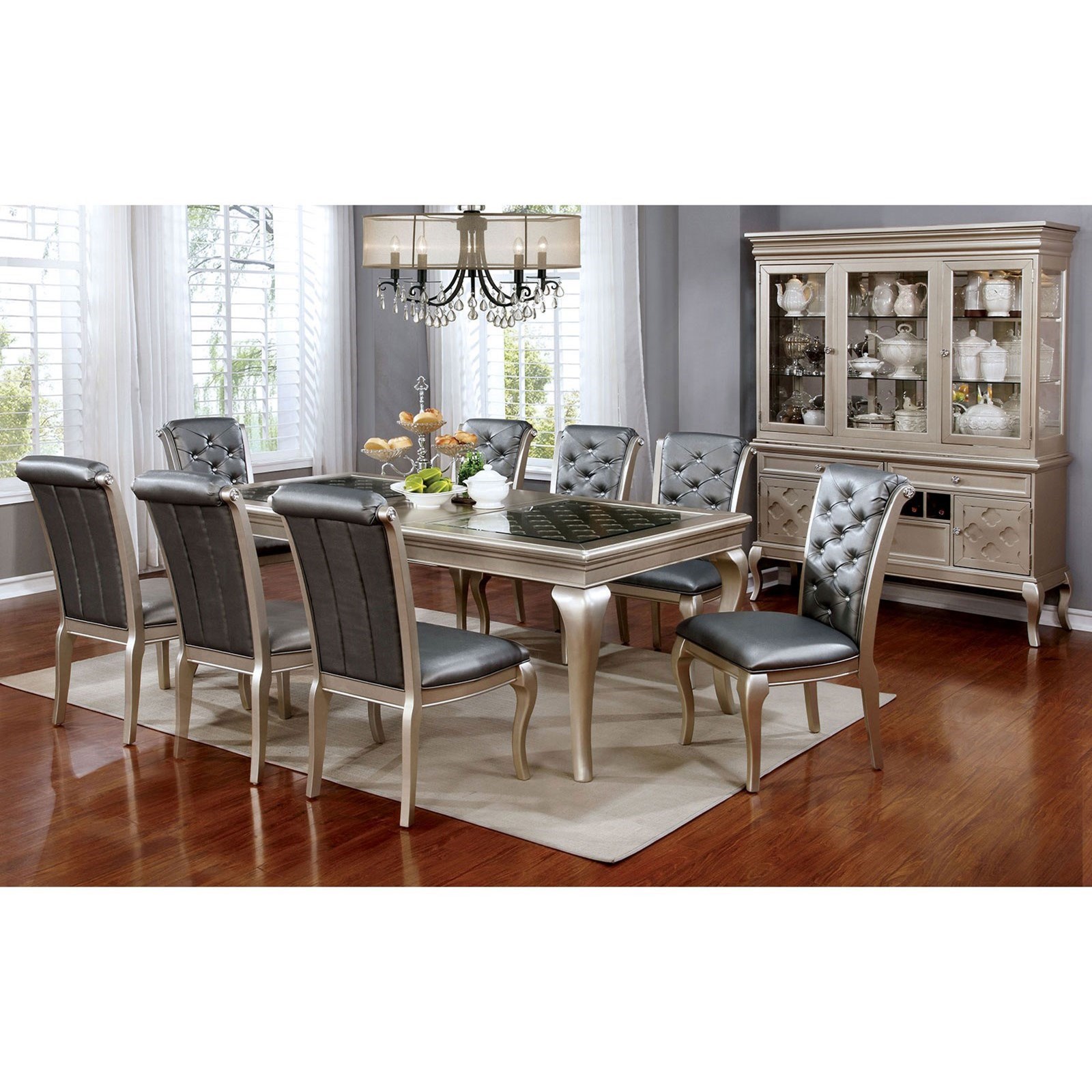 Amina Transitional 9 Piece Dining Set With Leaf And Button Tufted