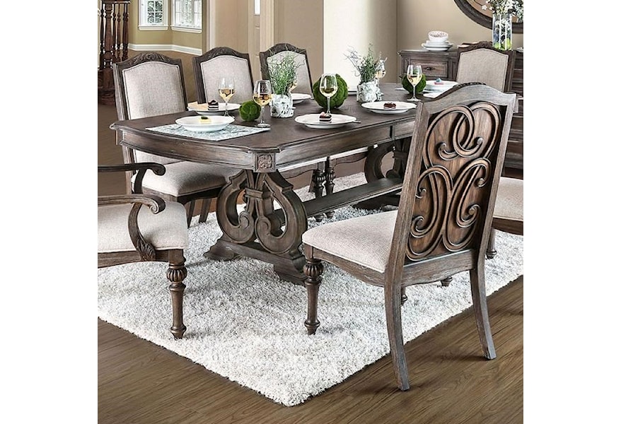 Furniture Of America Foa Arcadia Cm3150t Table Traditional Dining Table With Ornate Carved Trestle Base And 1 Table Leaf Del Sol Furniture Dining Tables