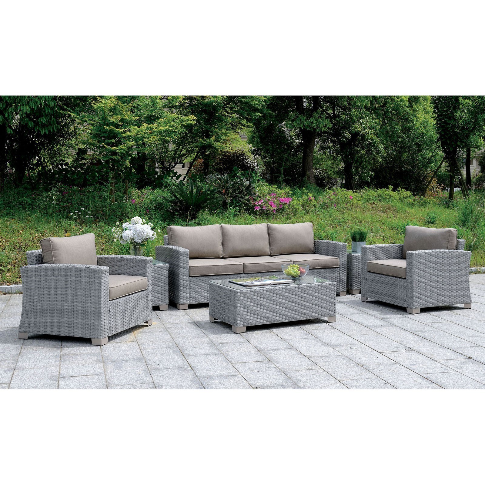 Furniture Of America Foa Brindsmade Cm Os1842gy Set Outdoor Wicker Chat Set With 2 Chairs Cocktail Table 2 End Tables Del Sol Furniture Outdoor Conversation Sets Outdoor Chat Sets