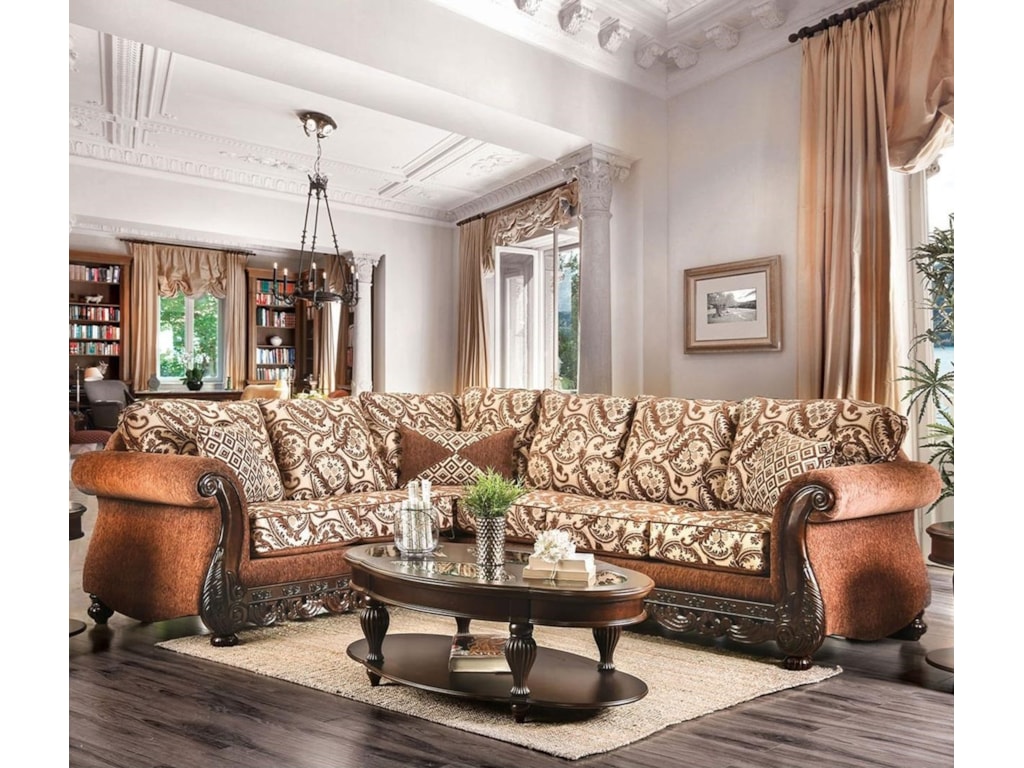 America Candra Sm6408 Sect Traditional Two Tone Sectional Sofa America Candra Traditional Two Tone Sectional Sofa With Ornate Carved Wood Trim