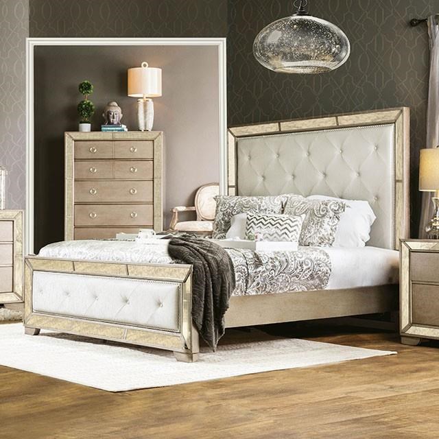 Loraine Cali King Glam Style Bedroom Group W Mirror Panels Tufted Leatherette By Furniture Of America At Dream Home Interiors
