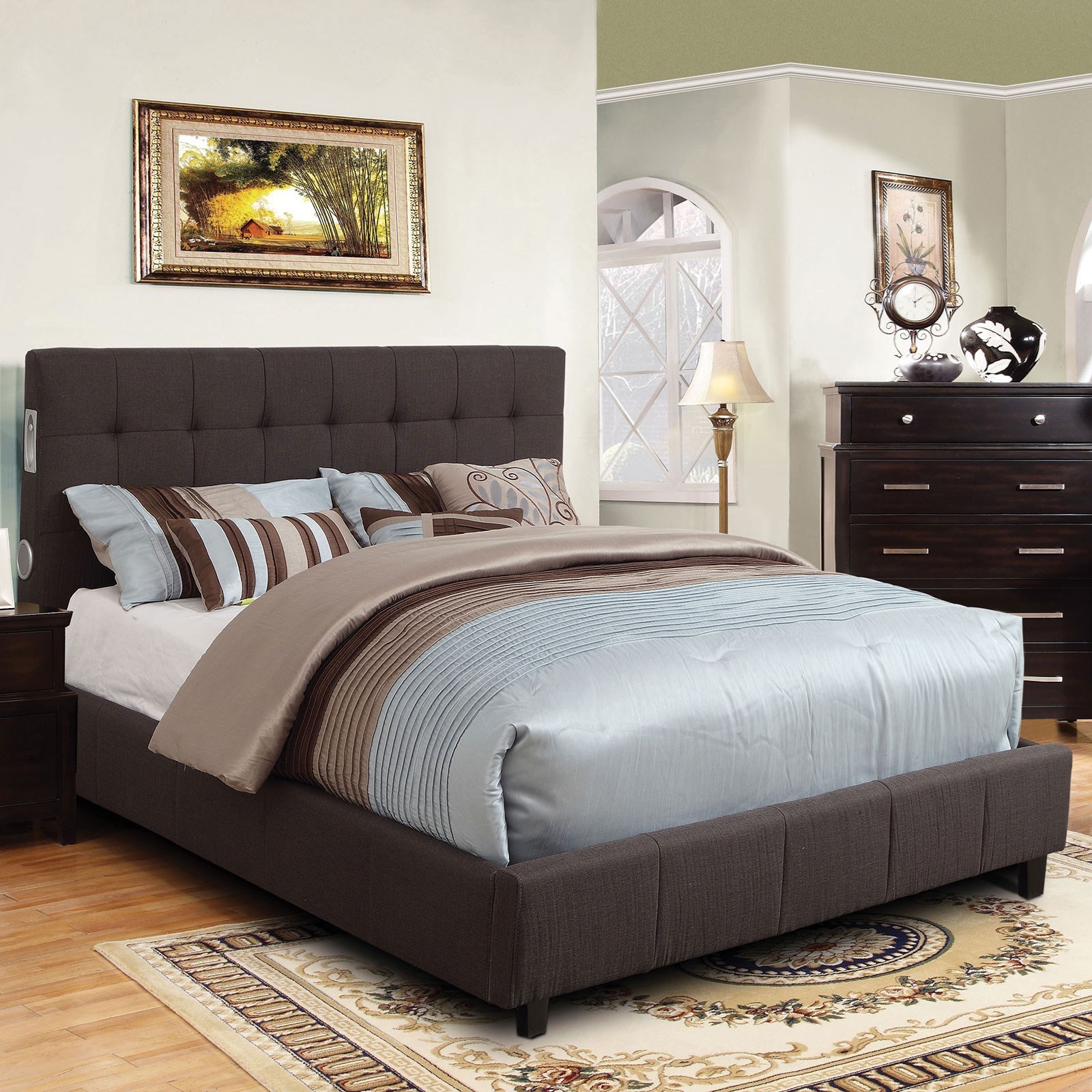 Furniture Of America Dillan Cm7060gy Ck Bed Contemporary California King Panel Bed With Bluetooth Speakers Nassau Furniture And Mattress Upholstered Beds