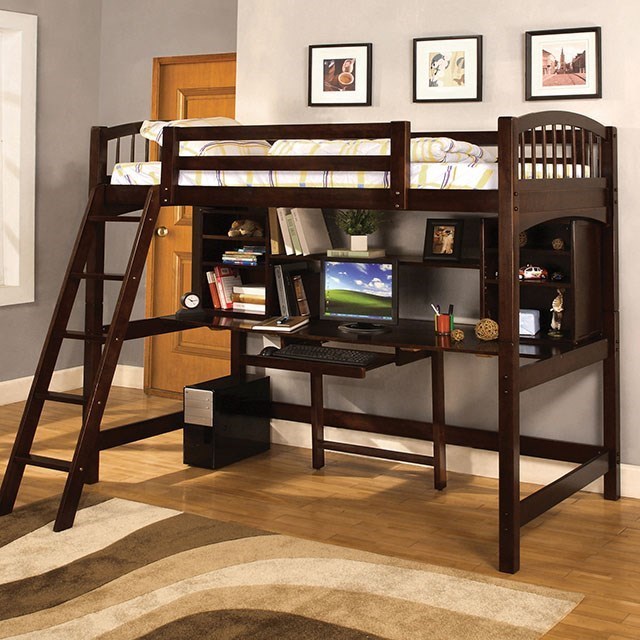 loft bed with desk and bookshelf