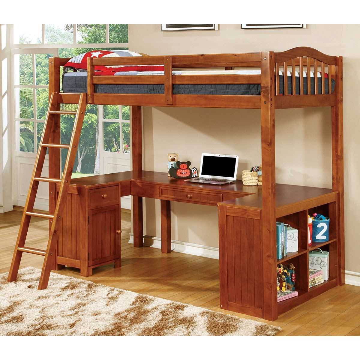 wooden loft bed with desk