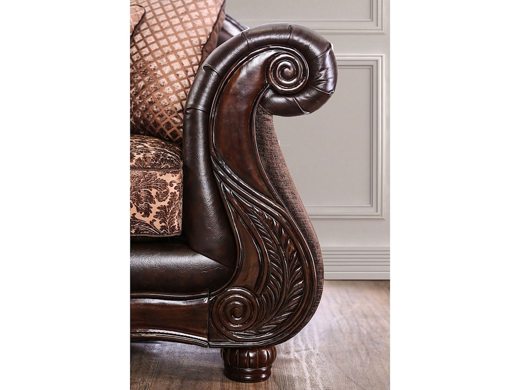Elpis Traditional Fabric And Faux Leather Love Seat With Ornate