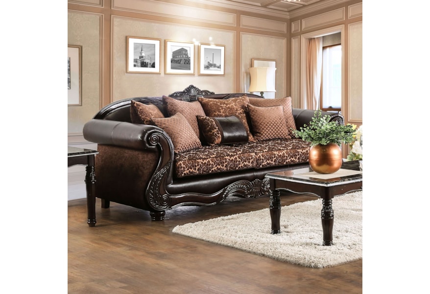 Elpis Traditional Fabric And Faux Leather Sofa With Ornate Carved Faux Leather Sofa With Ornate Carved
