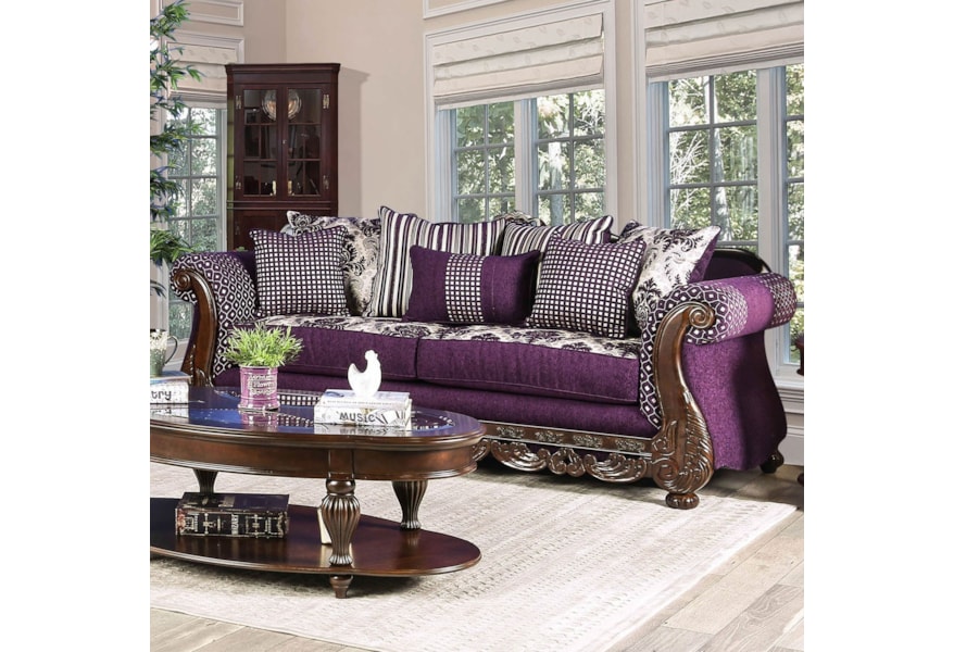 Furniture Of America Emilia Traditional Sofa With Ornate Wood Trim Sofa With Ornate Wood Trim